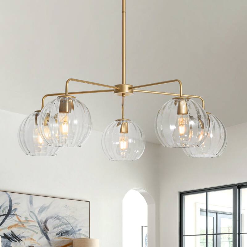 5-Light Blue Swirled Glass Globe Bubble Round Chandelier 35in - Reeded Glass