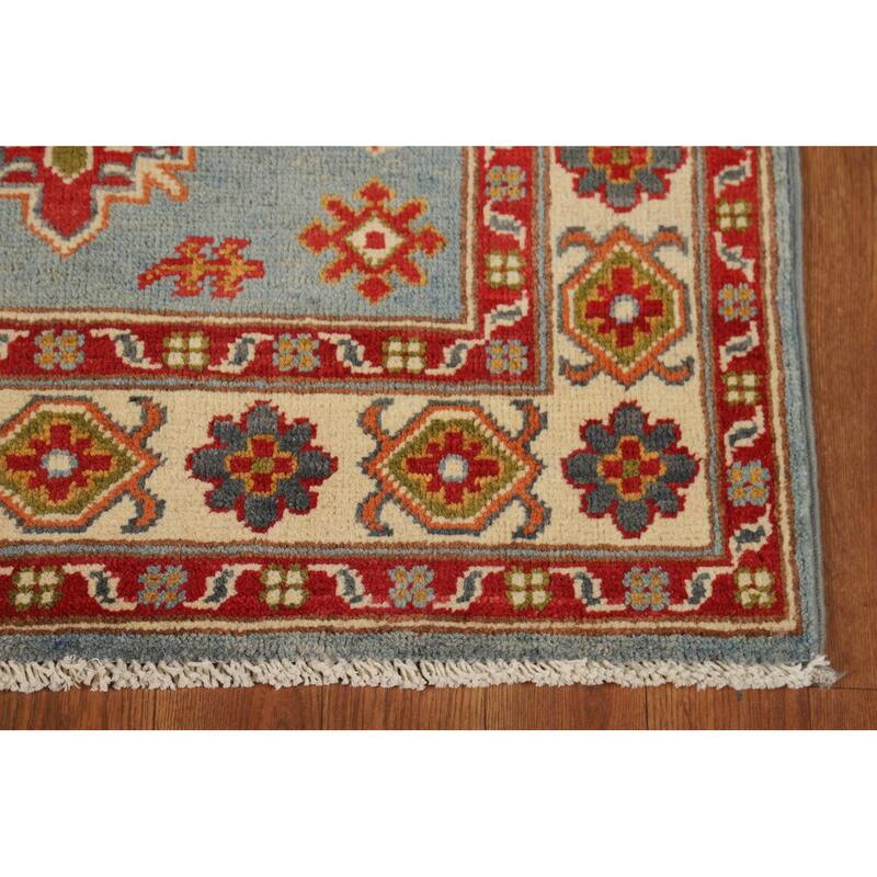 Light Blue Kazak Foyer Rug Handmade Geometric Wool Carpet - 2'8"x 4'0"