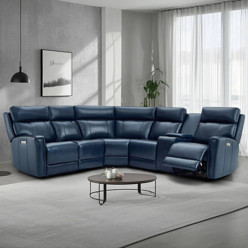 104" W Genuine Leather Power Recliner Sectional Sofa with Zero Gravity, Ajustable Headrest, USB Ports & Console - Blue