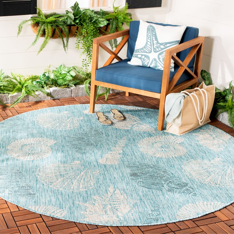 SAFAVIEH Courtyard Clemenza Indoor/ Outdoor Waterproof Patio Backyard Rug - 6'7" Round - Aqua/Cream