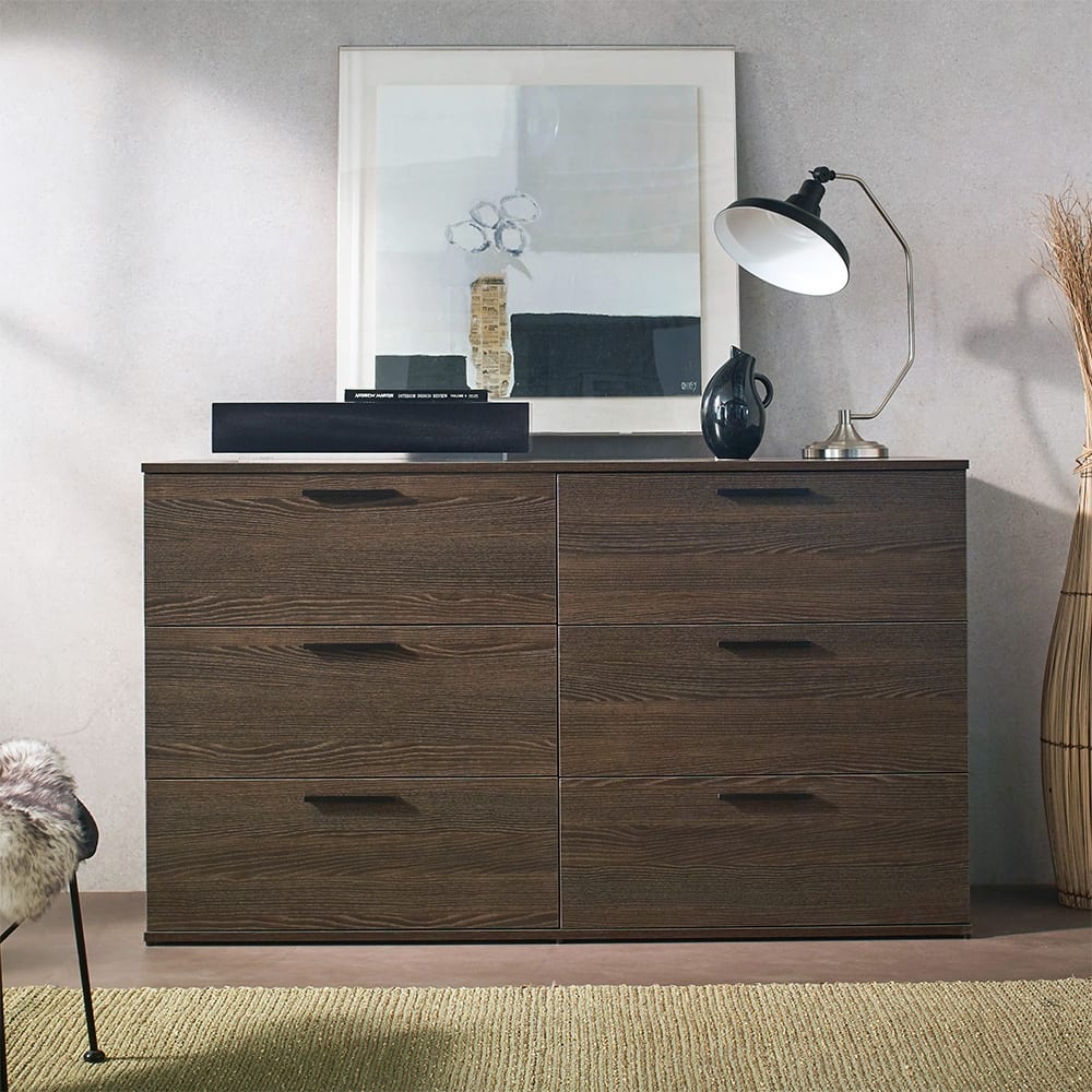 6 Drawer Double Dresser, Multi-functiona Wooden Clothing Storage Cabinet, Accent Storage Cabinet with Metal Handles