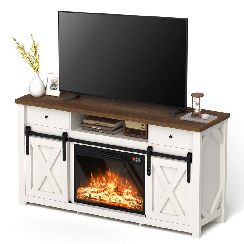 59" Sliding Diamond Door TV Stand for TVs up to 65" with 23" Electric Fireplace Included
