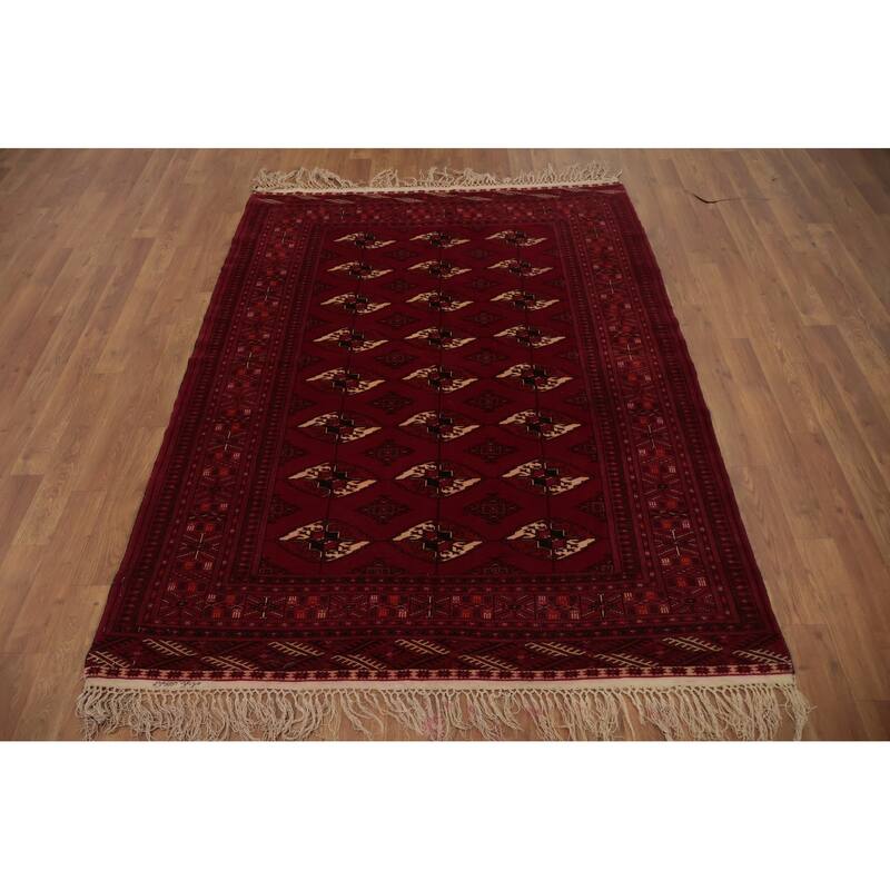 Hand Knotted Oriental 100% Wool Carpet Traditional Geometric Red Bokhara Area Rug - 5' 11'' X 4' 4''
