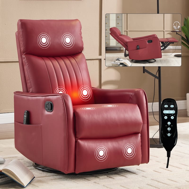 Leather Heat Massage Manual Recliner Chair with Rocker and Swivel in Fabric for Living Room - Red