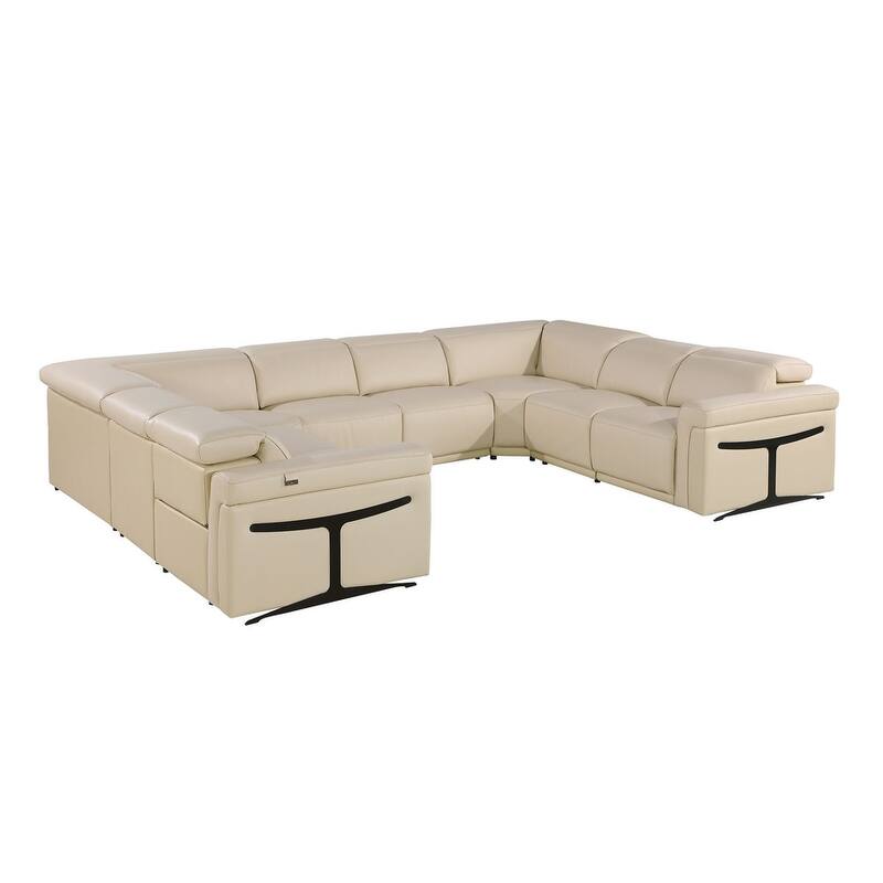 HomeRoots Beige Italian Leather Power Reclining U Shaped Eight Piece Corner Sectional With Console