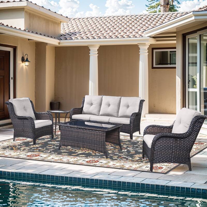 Outdoor Sofa Chair with Coffee Table and Ottoman - Brown Rattan - Beige Cushion - 5PCS - Patio Chair w/ Sofa Coffee Table