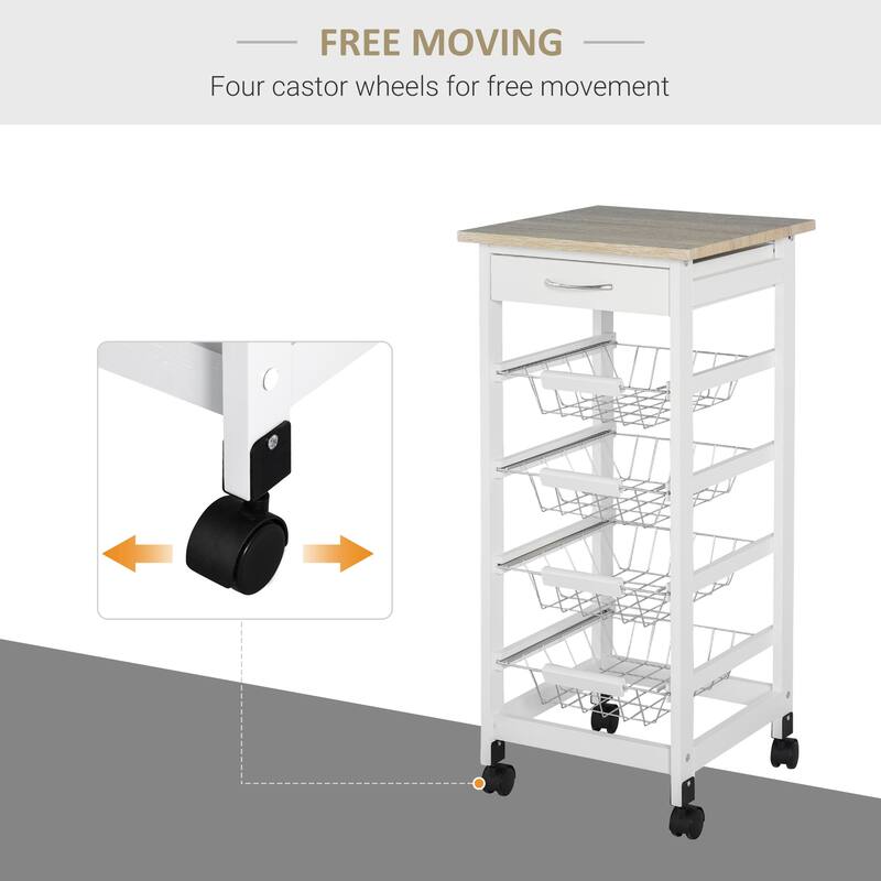 HOMCOM 32.25" Wooden Rolling Kitchen Storage Cart on 360-deg Swivel Wheels with Ample Storage Space & Solid Structure