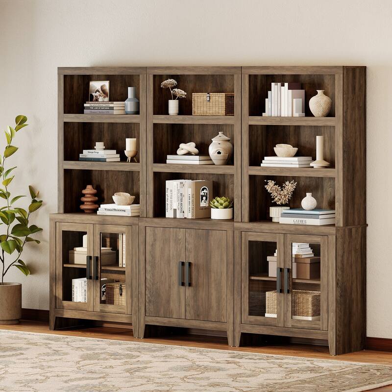 WAMPAT 74" Tall Bookshelf with Glass Doors, Farmhouse Bookcase with Open Shelves - Brown