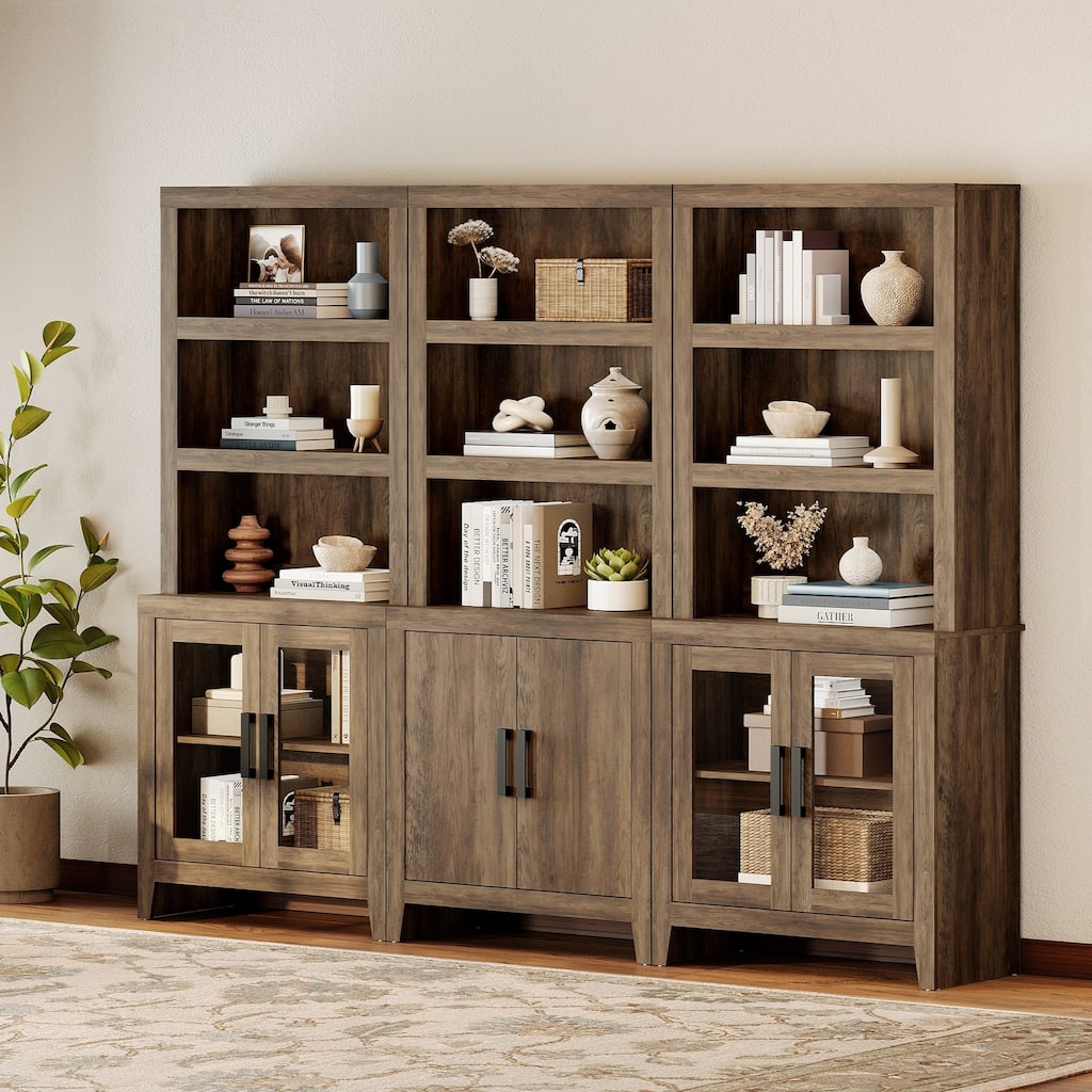 WAMPAT 74" Tall Bookshelf with Glass Doors, Farmhouse Bookcase with Open Shelves