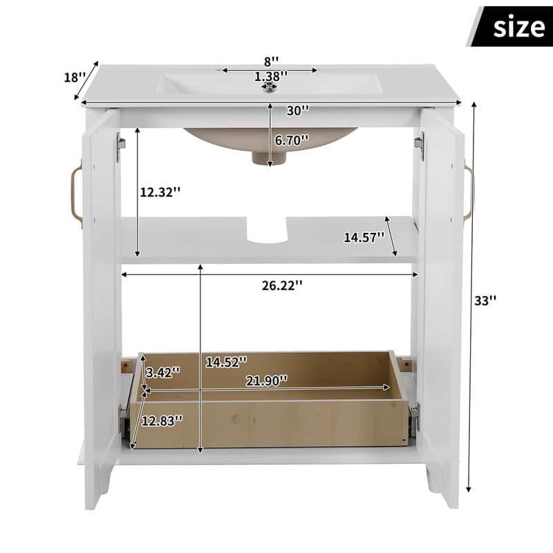30 Inch Bathroom Vanity with Ceramic Sink, Hidden Drawer, Storage Cabinet