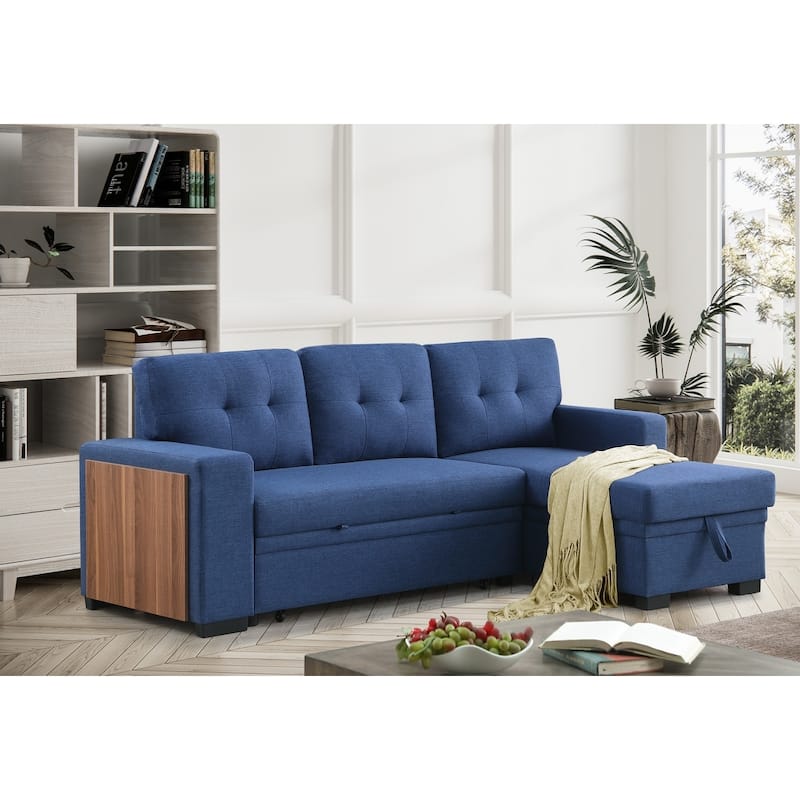 Linen L-Shaped Convertible Sectional Sofa Bed with Storage and Wooden Accent