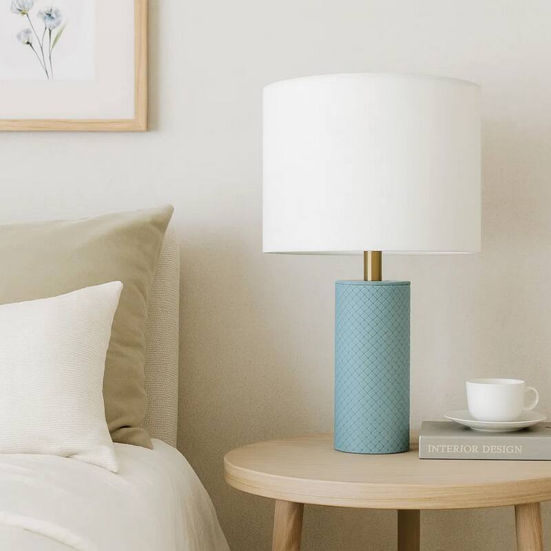 Myn Table Lamp, 18 Inch, White Linen Drum Shade, Blue Leather Base