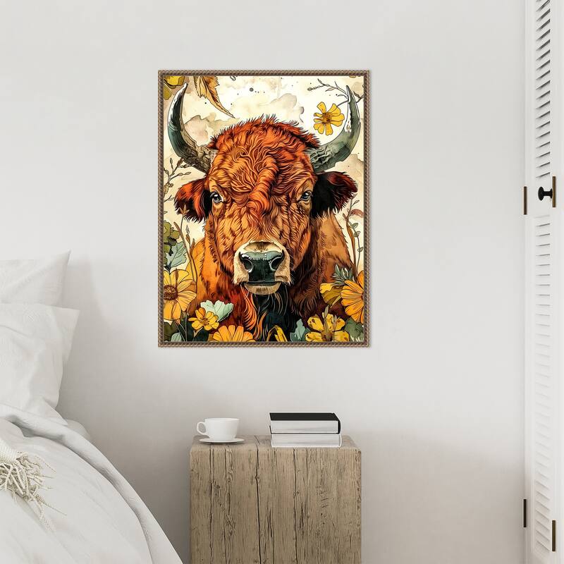 Buffalo in Flowers by Justyna Jaszke Framed Canvas Wall Art