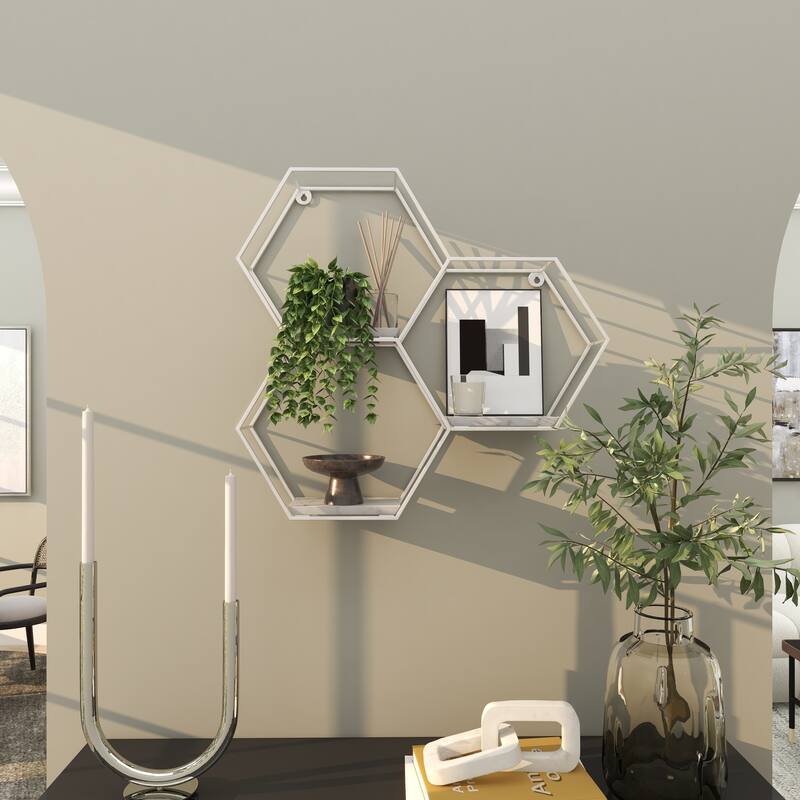 Geometric Metal Hexagon Wall Shelf with 3 Marble Shelves - Gold or Silver - 24 x 6 x 24