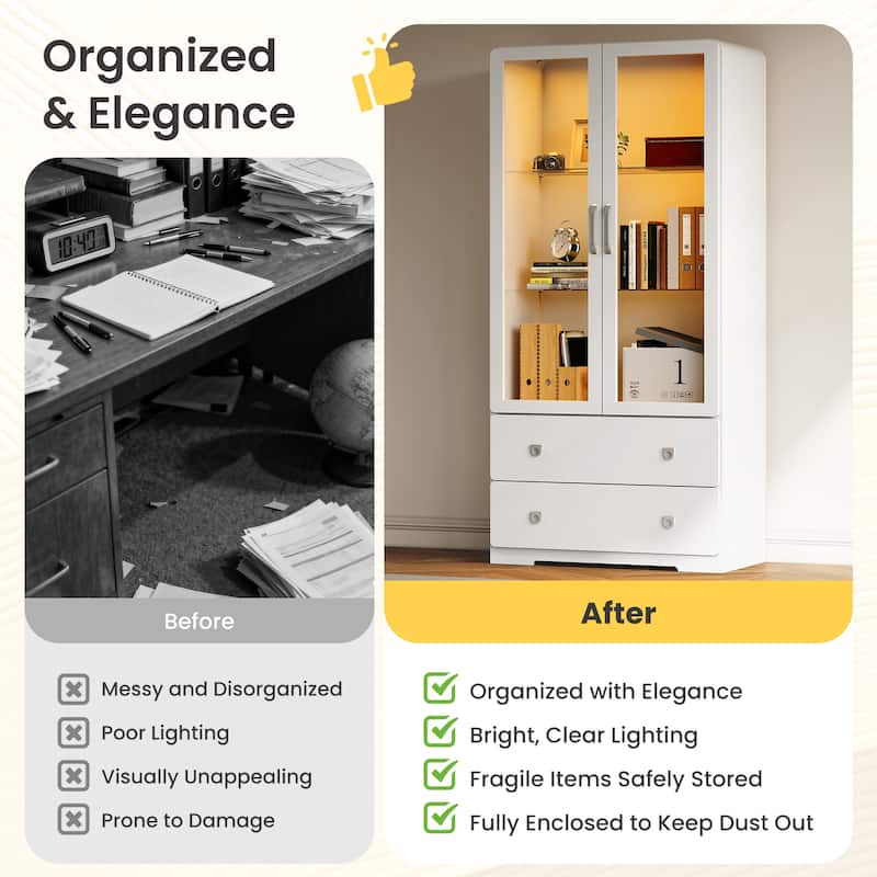 64'' Tall Display Cabinet with Acrylic Doors and LED Lights - N/A