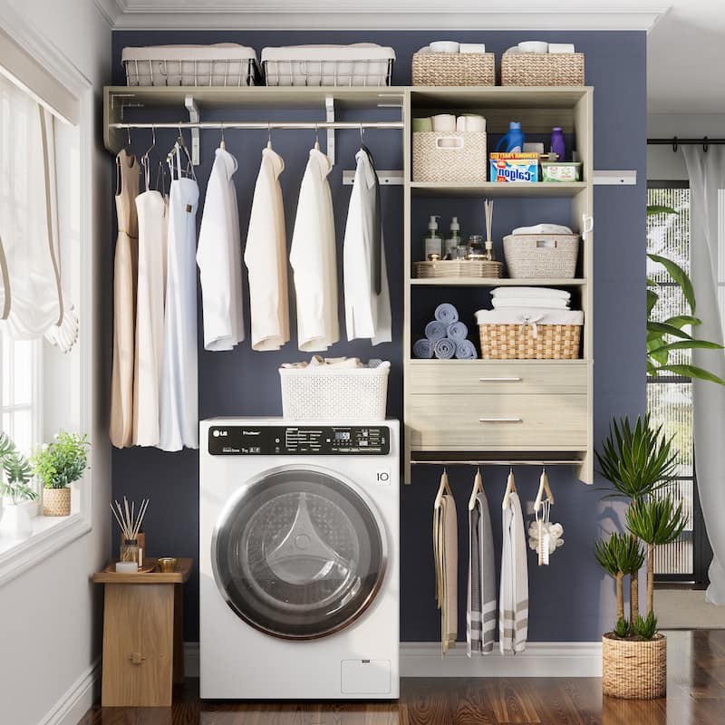 Rackcog Laundry Room Organizer with Drawers, Wall-mounted Closet System with Hanging Rods - Washed Oak