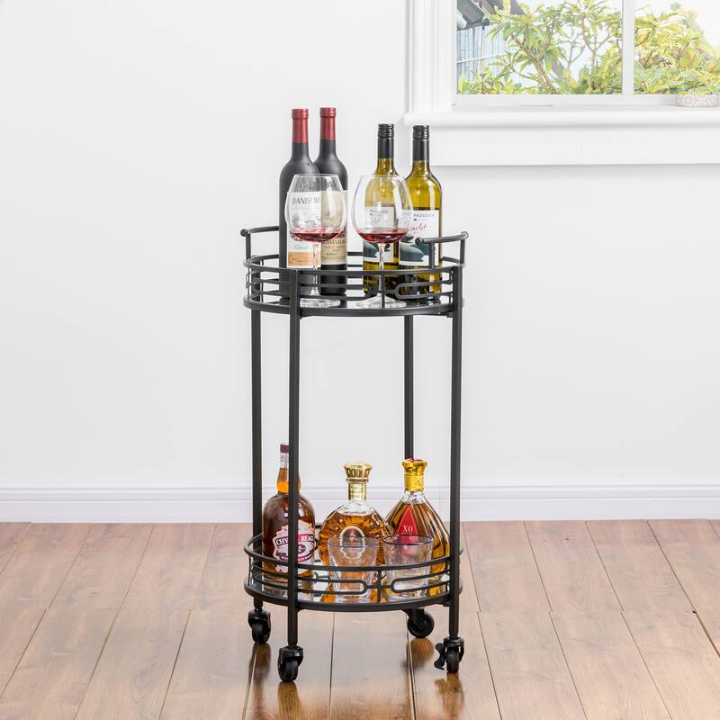 Glitzhome 30"H Deluxe 2-Tier Metal Round Mirrored Bar Cart