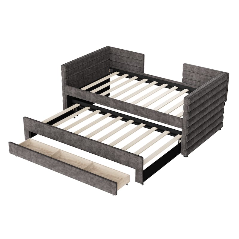 Twin Size Upholstered Daybed Short-haired Linen Fabric L-shape Sofa Bed Frame with Pull-out Trundle Bed and 3 Storage Drawers