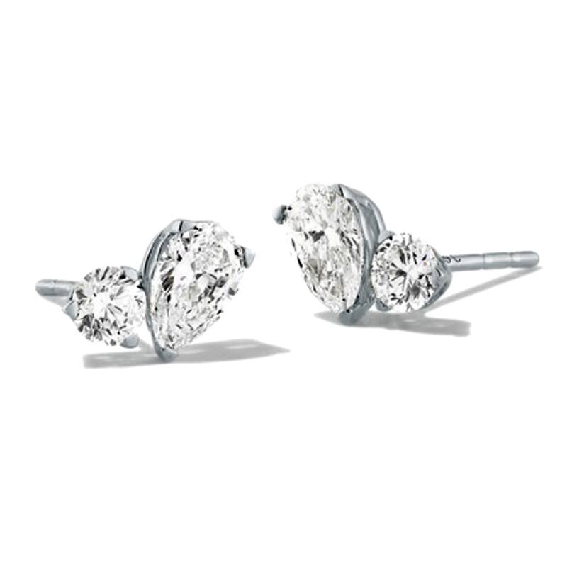 Auriya 14k Gold Round and Pear-shaped Lab Grown Toi Et Moi Diamond Stud Earrings 3.00 ct. tw. Push-Back (F-G VS) - White - White - 3.00ct. tw.