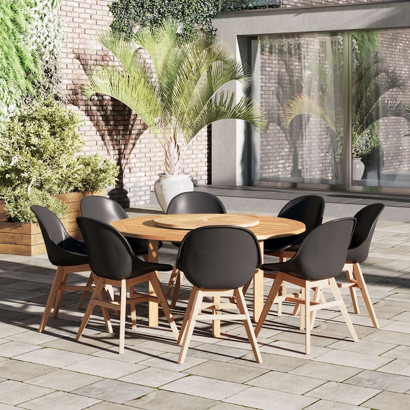 9-piece Wood Lazy Susan Outdoor Dining Set - 9 Piece - Black Chairs