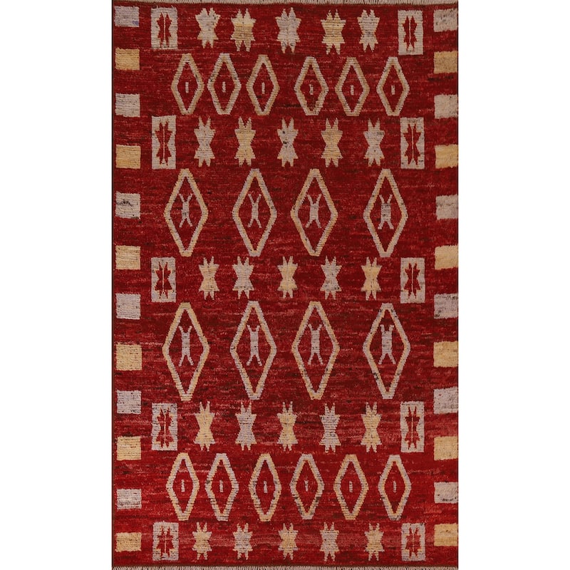 Hand Knotted Oriental 100% Wool Carpet Modern Tribal Red Moroccan Area Rug - 9' 8'' X 6' 10''