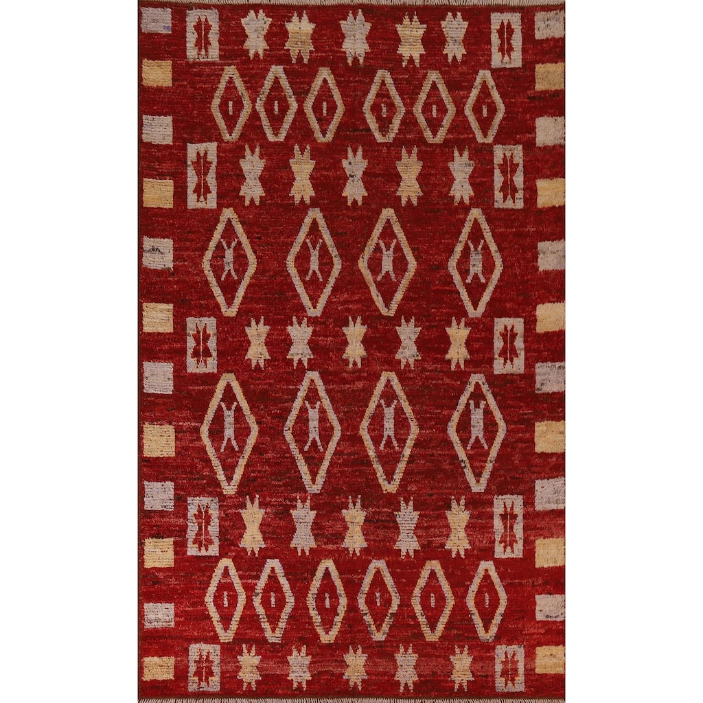 Hand Knotted Oriental 100% Wool Carpet Modern Tribal Red Moroccan Area Rug - 9' 8'' X 6' 10''