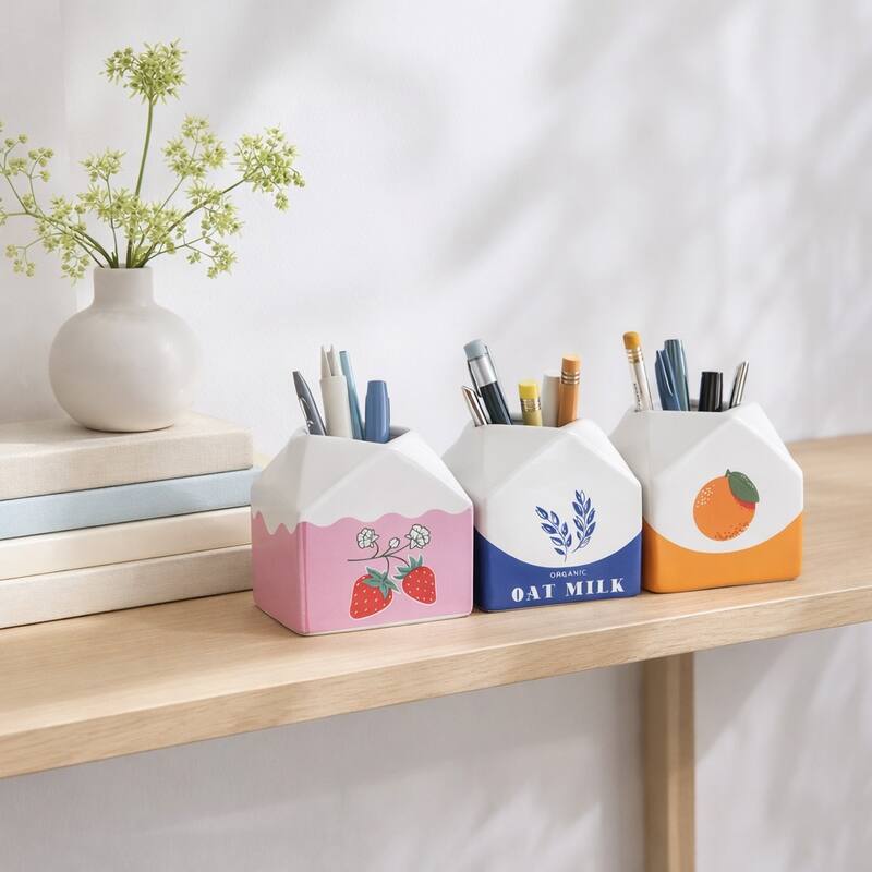 Fun Decorative Juice and Milk Carton Style Desk Organizer - 4.0" - Pink - Stone