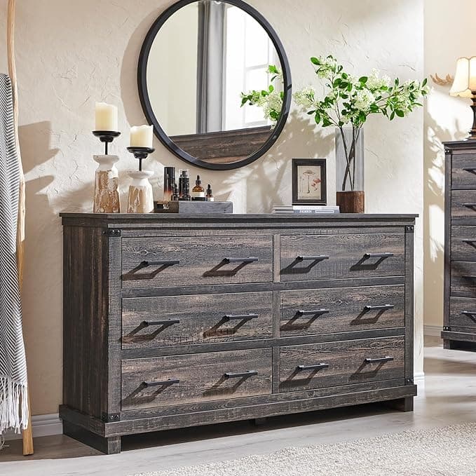 Farmhouse 6 Drawers Dresser, Wood Chest of Drawers, Closet Dresser - Dark Rustic Oak