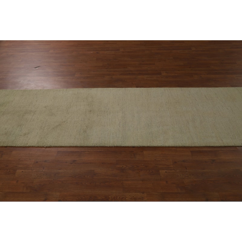 Muted Green & Gold Modern Gabbeh Runner Rug Handmade Wool Carpet - 2'7" x 9'6"