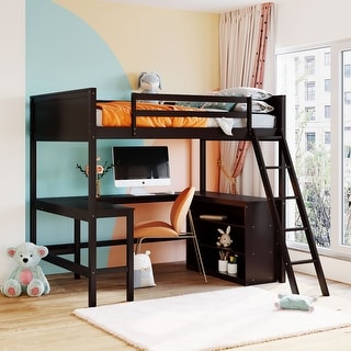 Full size Loft Bed with Shelves and L-shape Desk