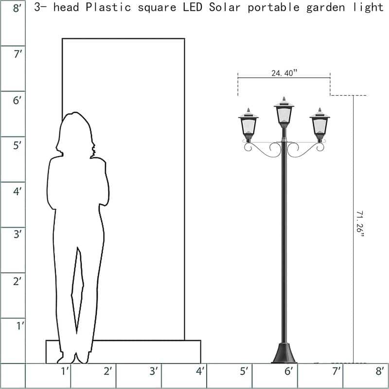 Outdoor 72" Solar Lamp Post LED Triple Head with Dusk to Dawn Sensor for Patio, Walkway, Lawn - Black