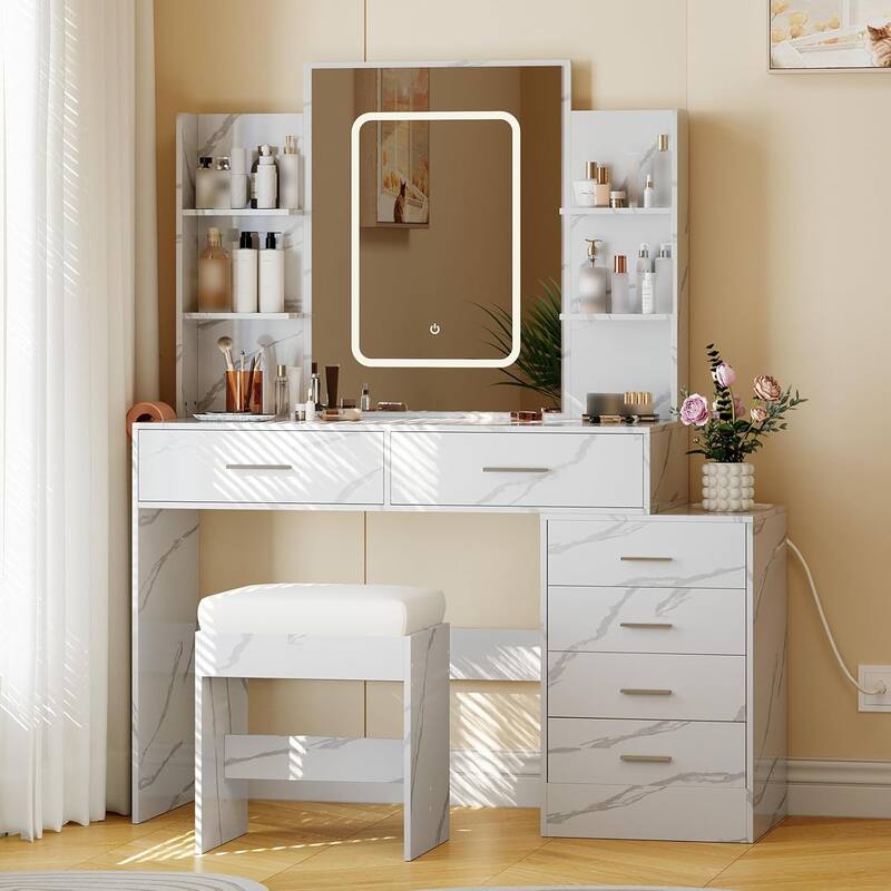 Vanity Desk with Mirror, LED Lights & Power Outlet, Makeup Table with 6 Drawers, 6 Shelves & Stool for Bedroom - Marble White