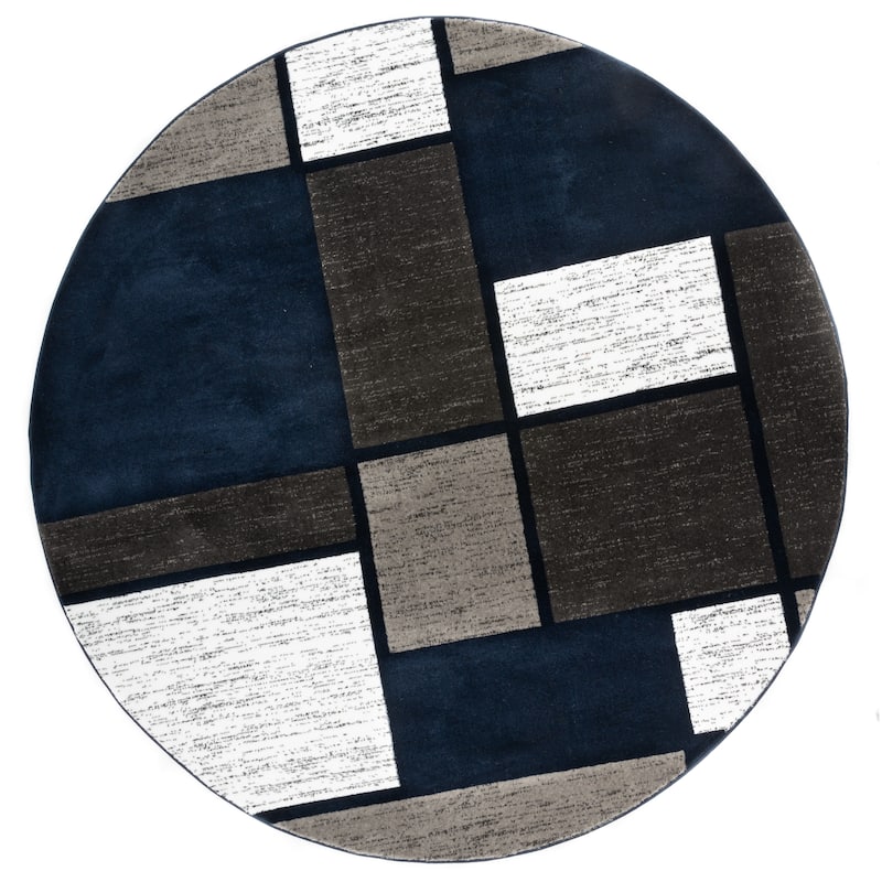 World Rug Gallery Contemporary Modern Boxed Color Block Area Rug - 6'6" Round - Navy