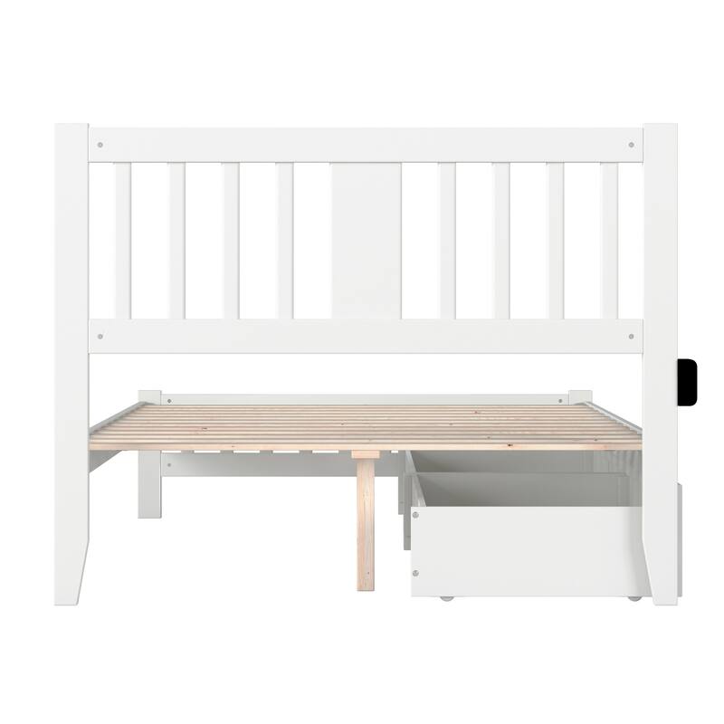 Full Bed with Drawers - White Platform Bed Frame, Solid Wood Bed, Modern Bedroom Furniture