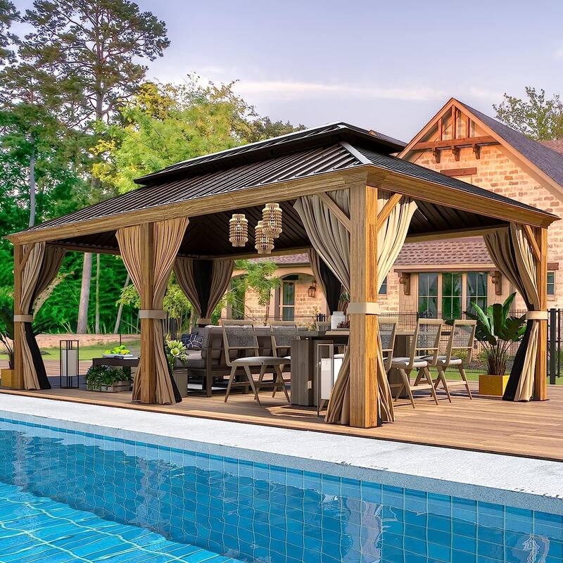 Outdoor Hardtop Gazebo, Wooden Finish Coated Aluminum Frame w Galvanized Steel Double Roof with Premium Curtains and Netting