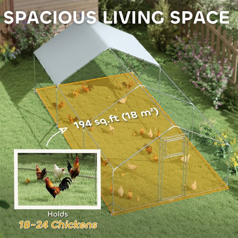 Outdoor Chicken Coop with Mesh Sides, Feeder Door and Weather Cover - 9.8'W x 19.7'D x 6.4'H
