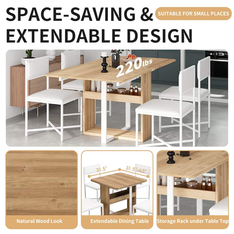 Modern 5-Piece Extendable Dining Table Set, 63" Kitchen Foldable Wooden Table with Lower Storage Shelf and 4 PU Leather Chairs