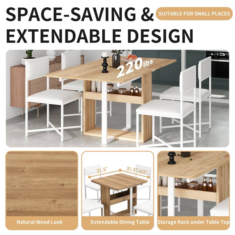 Space-Saving 63" Foldable Kitchen Dining Set with Storage Rack and 4 PU Leather Upholstered Chairs