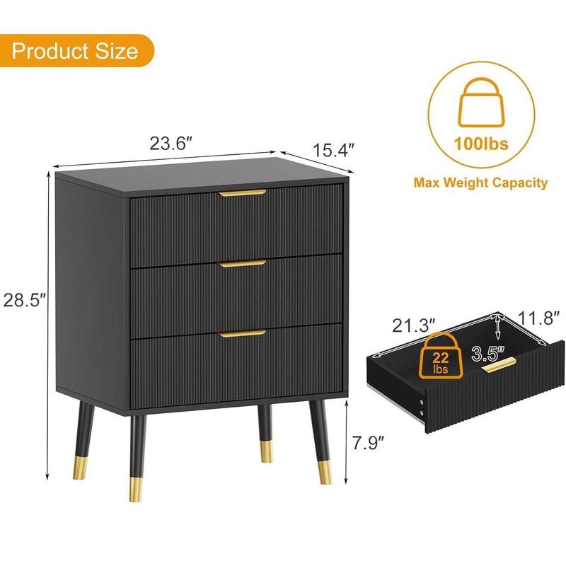 Modern 3 Drawer Dresser, Chest Cabinet Nightstand for Bedroom, Living Room