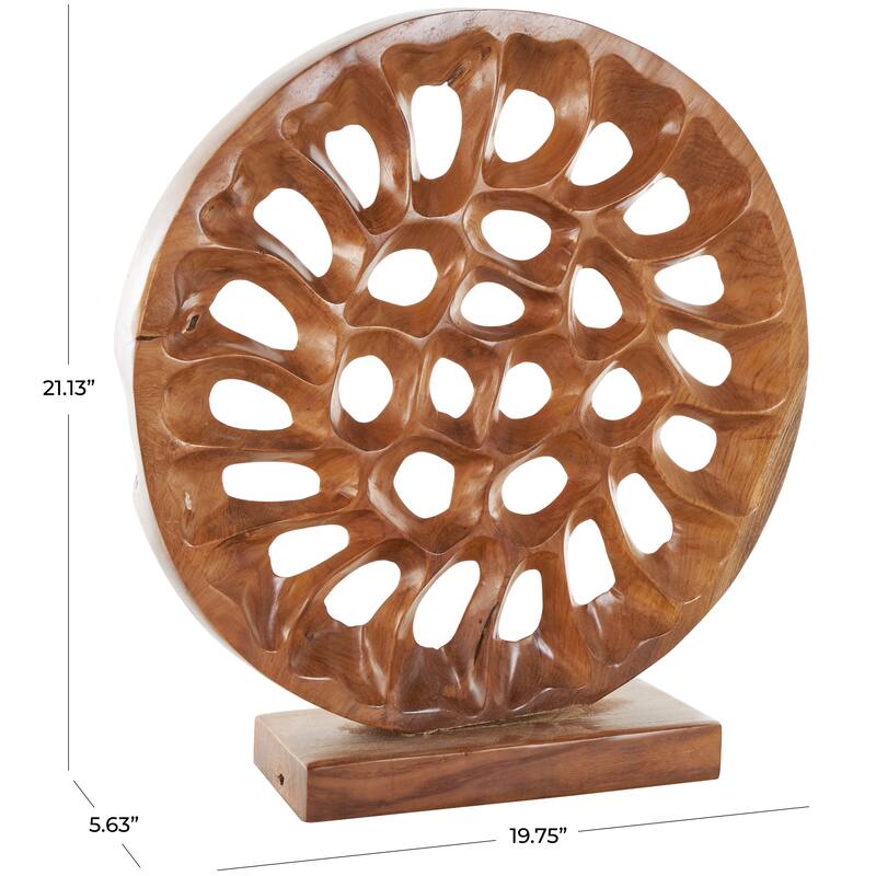 Brown Teak Wood Handmade Circular Cutout Abstract Decorative Sculpture