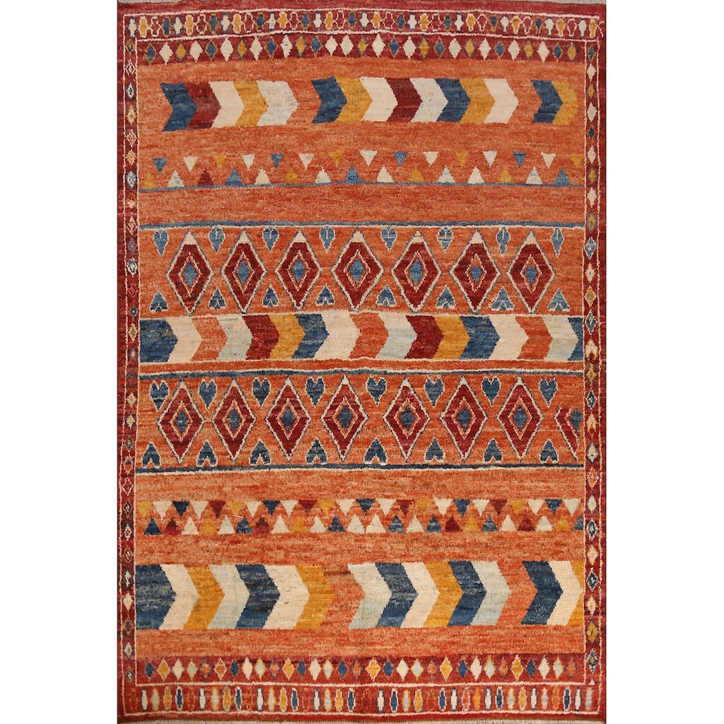 Orange Tribal Geometric Moroccan Rug Hand-Knotted Wool Carpet - 6'7" x 9'6"