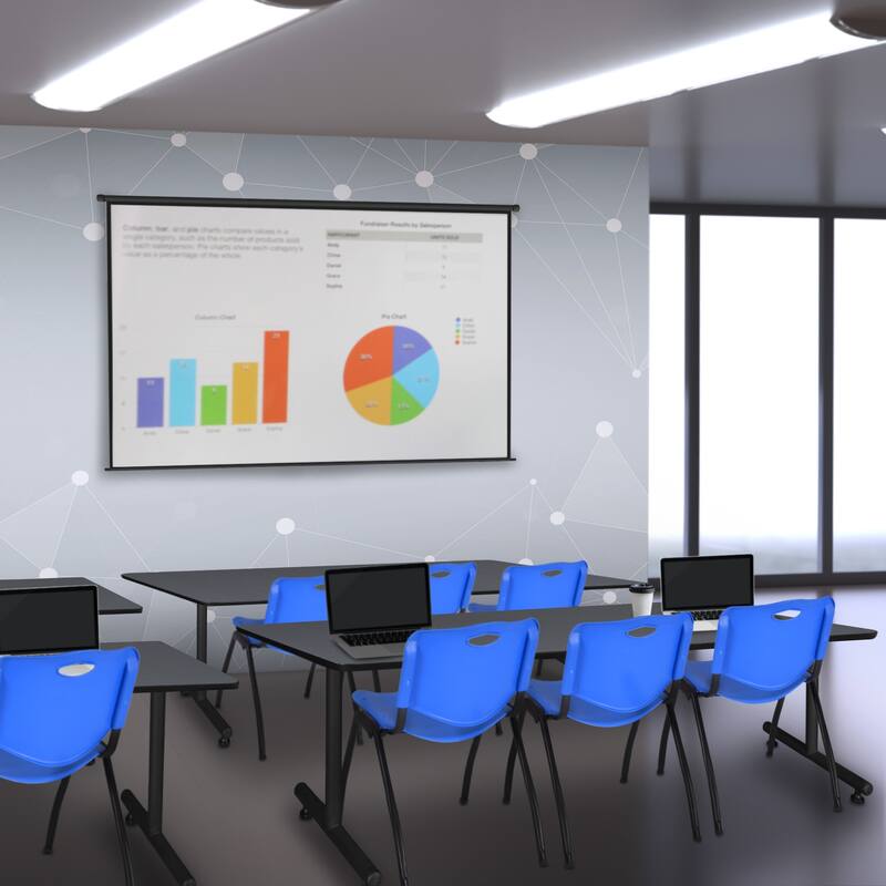 84" x 24" Training Table- Grey & 3 'M' Stack Chairs- Blue - 84 x 24 inches