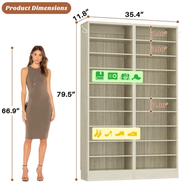 dimension image slide 8 of 10, Freestanding 10-Tier Shoe Storage Cabinet,Narrow Wood Shoe Rack Shoe Organizer,Sturdy Closet Organizer Open Display Cabinet