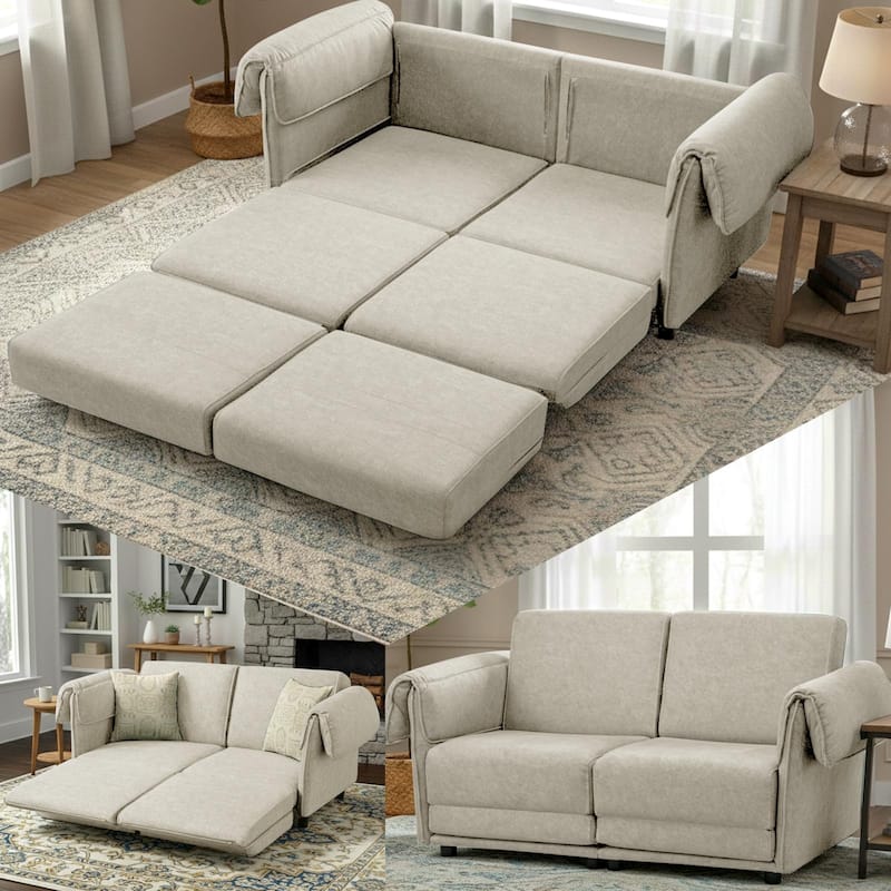 65" Loveseat Sleeper Sofa, Convertible Couch Bed Loveset Small Couchs for Living Room - Beige