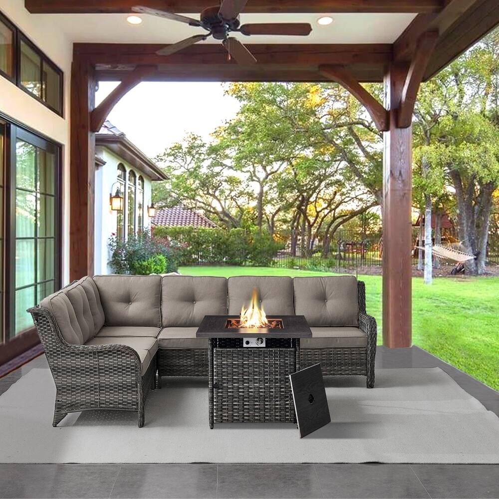 Gymojoy 2-Piece Outdoor Wicker Patio Furniture with Fire Pit and L-shaped Sectional Sofa, Coversation Set with Thick Cushions