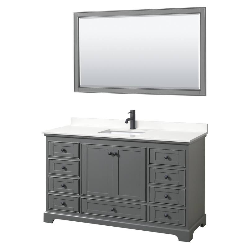 Deborah 60-inch Single Vanity, Quartz Top, 58-inch Mirror - Dark Gray, Black Trim, White Quartz Top
