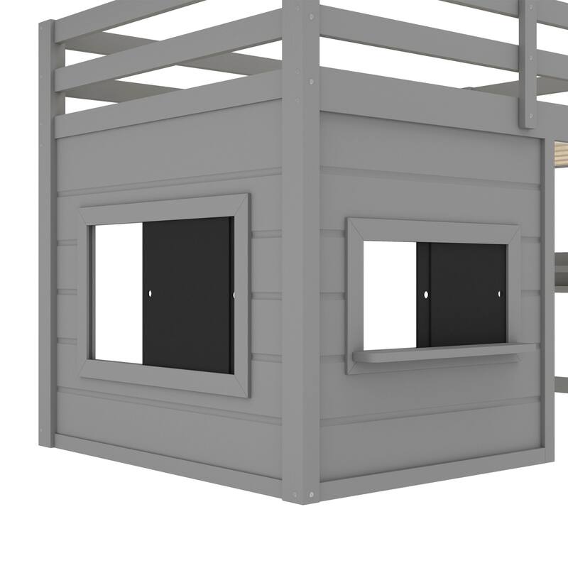 Kids Playful Loft Bed with Built-in Bookshelf and Sliding Chalkboard