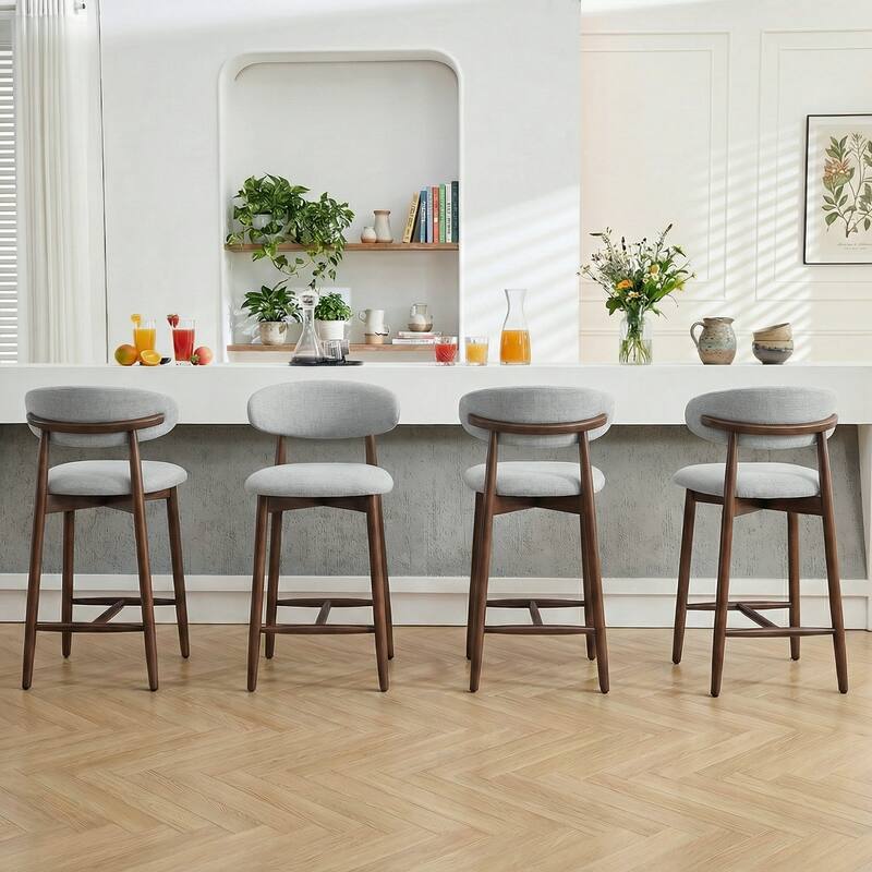 Mid-Century Modern Upholstered Bar Stools Counter Height Wooden Bar Chairs with Backrest Footrest - Light Grey - Set of 4