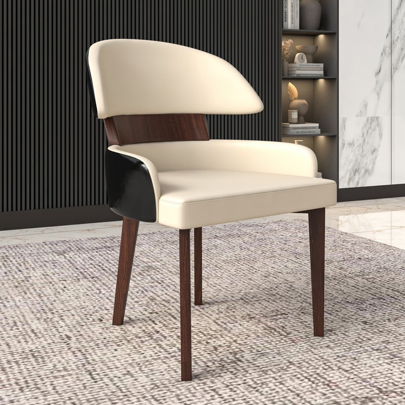 Ethos Modern Leather Dining Chair - Curved Back Rubberwood Legs - Upholstered Accent Side Chair Home Hotel Restaurant
