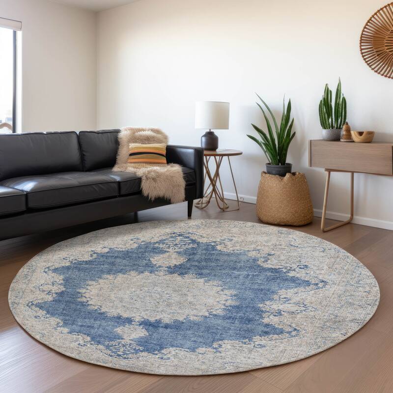 Premium Washable Super Soft Vintage Traditional Mayfield Rug - Navy - 8' x 8'